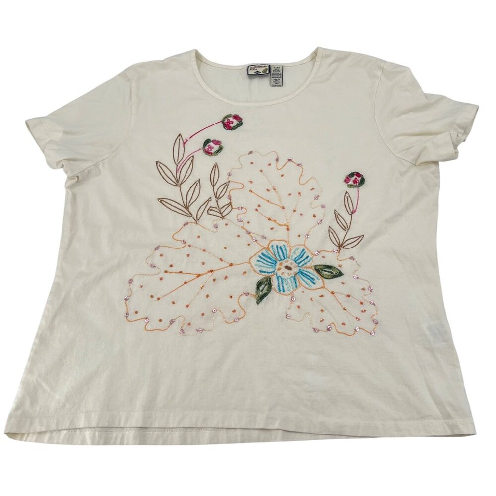 Caribbean Joe Womens Floral Embroidered Cotton T-Shirt XL White Short Sleeve